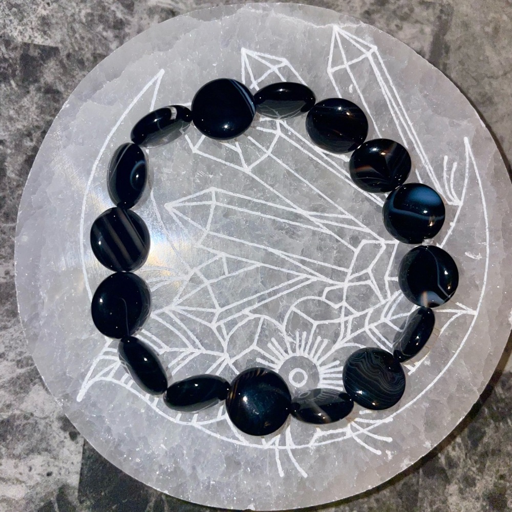 striped black agate - flat round stones beads 12mm beaded bracelet